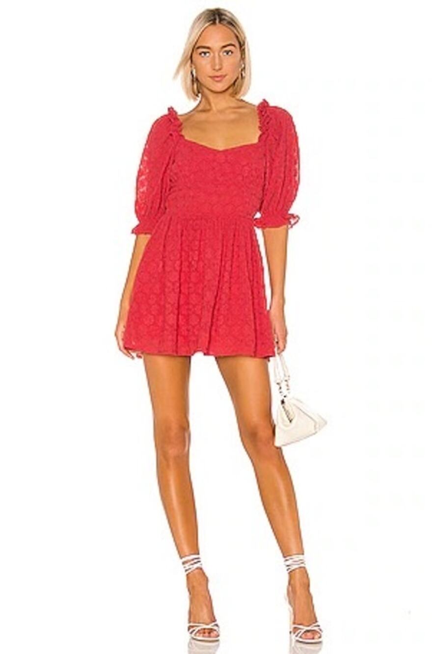 Lovers + Friends Coral Red Asher Mini Dress Floral Cottage Puff Sleeve A Line